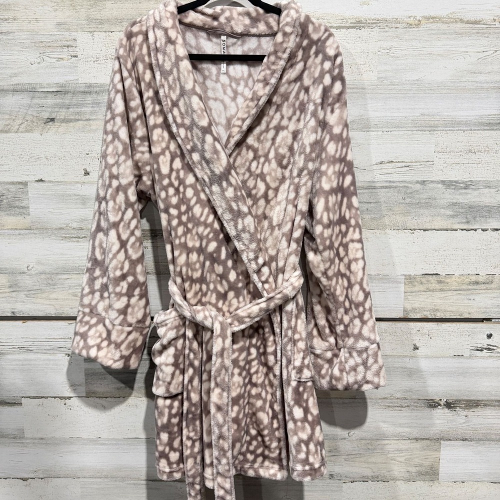 Soma Plush Robe Women XXL Tan Snow Leopard Animal Print Loungewear EUC